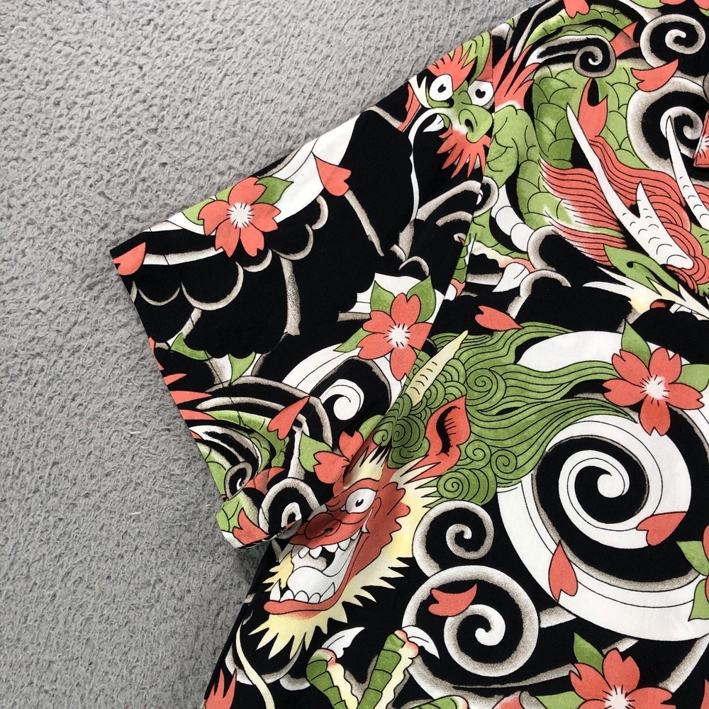 Ed‎ Hardy Shirt Mens Medium Dragon Y2K Camp Loop Collar Floral Button Japan New